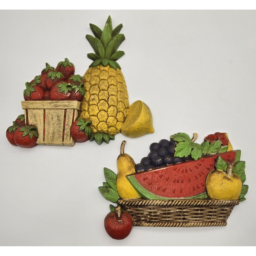 Vintage HOMCO Fruit Basket Wall Plaques Watermelon‎ Pineapple Strawberry Pair
